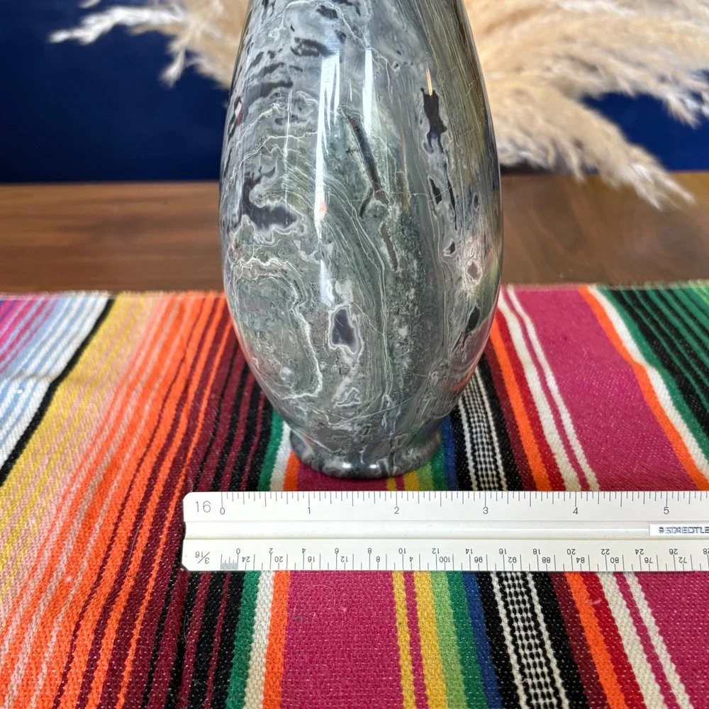 Vintage Green Marbled Stone Bud Vase Hand Carved Polished Onyx Marble 7.5 Inch